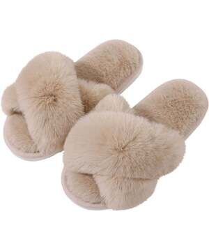 NWT Evshine Fuzzy Cross Band Open Toe Memory Foam Slippers Camel Size 8.5-9.5